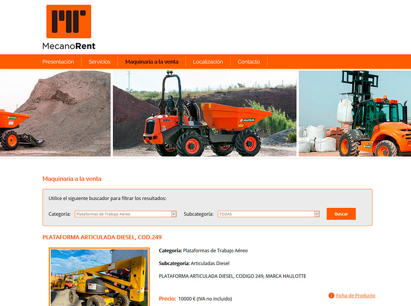 Página Web con Catálogo de Productos de la empresa Mecano Rent